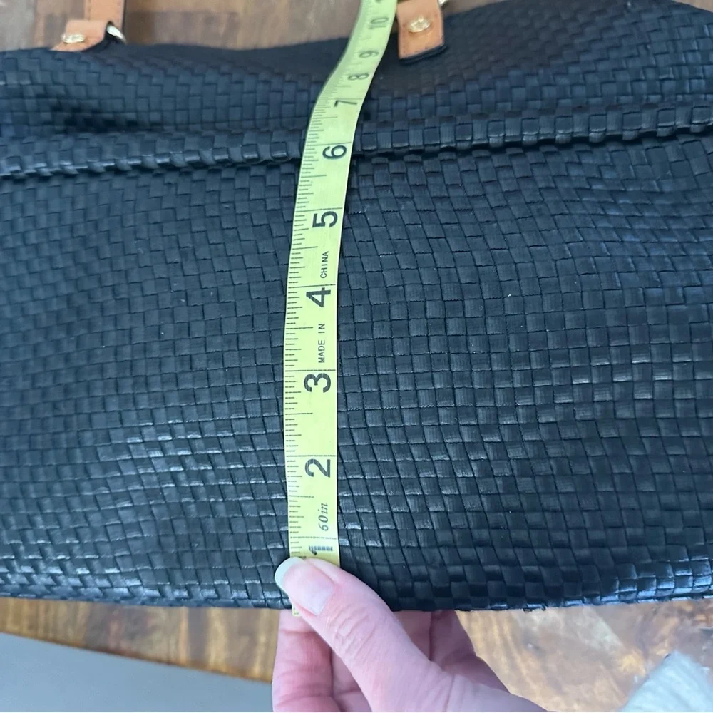 Antonio Melani Black Woven Tote Bag with Tan Leather Straps‎